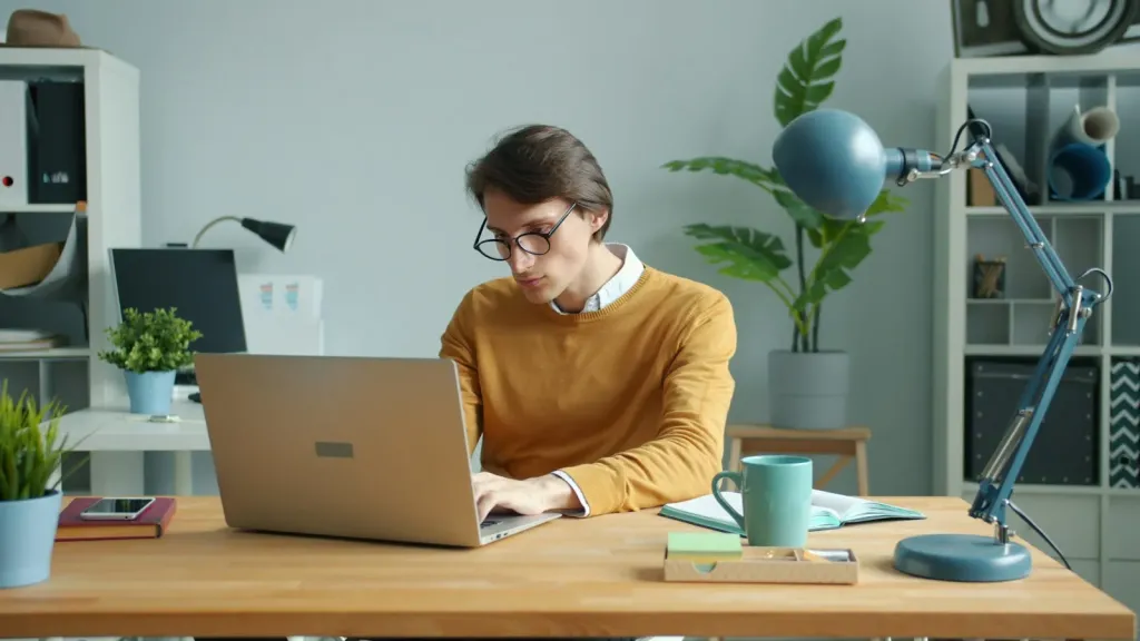 Person working on a laptop at a desk in a bright home office